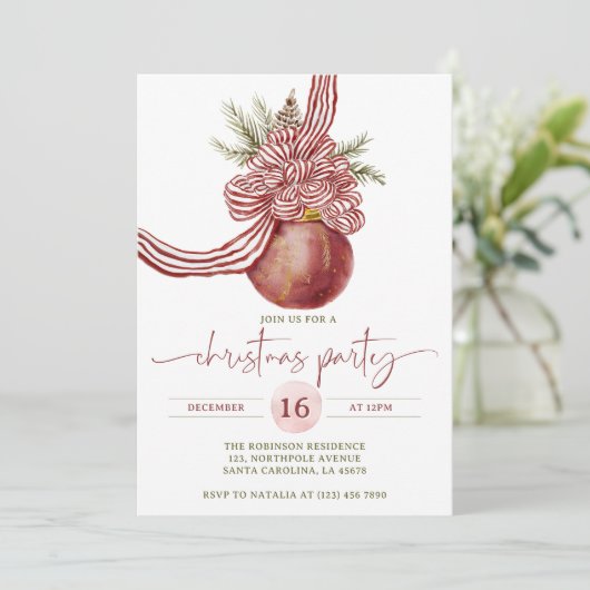 Waterverf Red Green Bow Ornament kerstfeest Kaart (Staand voorkant)