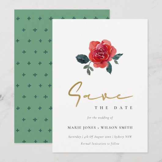 WATERVERF RED GREEN ROOS FLORAL BEWAREN DE DATUM KAART (Voorkant / Achterkant)