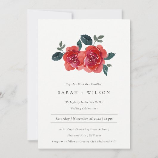 WATERVERF RED GREEN ROOS FLORAL WEDDING INVITE BEDANKKAART (Voorkant)