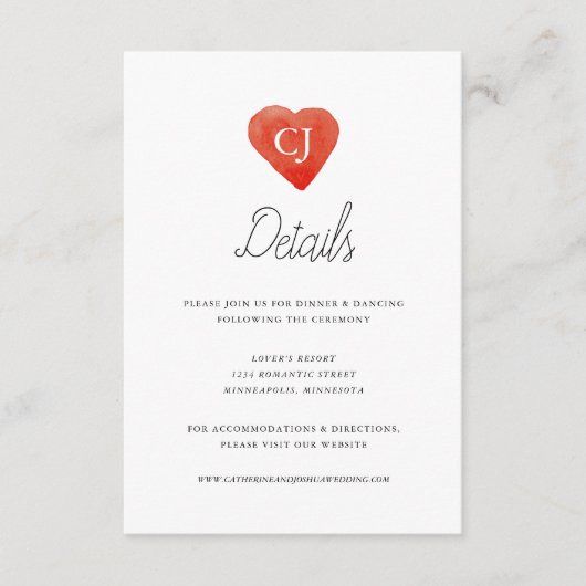 Waterverf Red Heart Wedding Details Kaart (Voorkant)