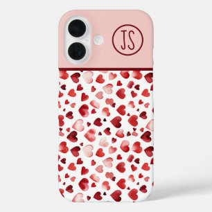 Waterverf Red Hearts Valentijnsdag Monogrammed iPhone 16 Hoesje