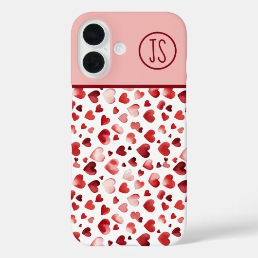 Waterverf Red Hearts Valentijnsdag Monogrammed Case-Mate iPhone Case (Achterkant)