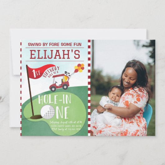 Waterverf Red Hole in One Golf 1e Verjaardagsfoto Kaart (Voorkant)