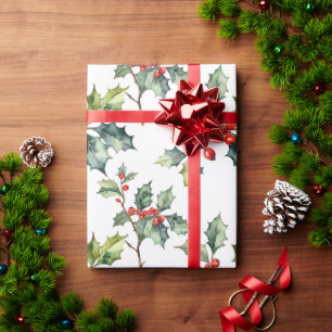 Waterverf Red Holly Berry Christmas Art Cadeaupapier