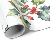 Waterverf Red Holly Berry Christmas Art Cadeaupapier (Rol Hoek)