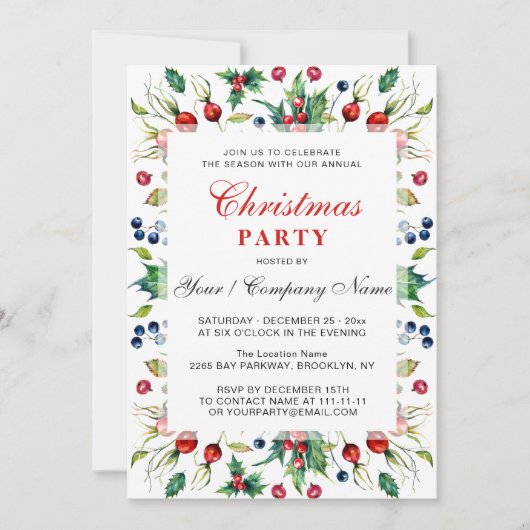 Waterverf Red Holly Berry Kerstfeest Kaart (Voorkant)