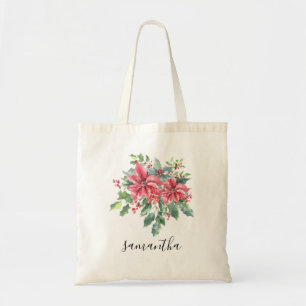 Waterverf Red Poinsettia, aangepast script Tote Bag