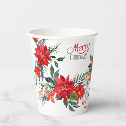 Waterverf Red Poinsettia Bouquet kerst  Papieren Bekers (Voorkant)