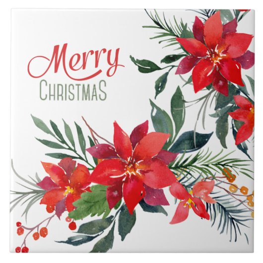 Waterverf Red Poinsettia Bouquet kerst Tegeltje (Voorkant)