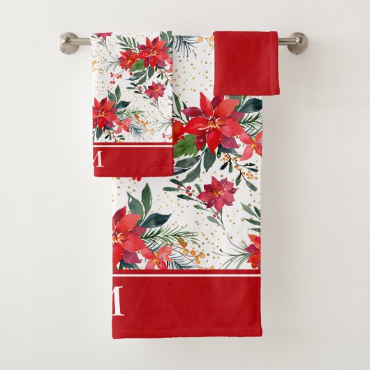 Waterverf Red Poinsettia Bouquet Monogram Bad Handdoek (Insitu)