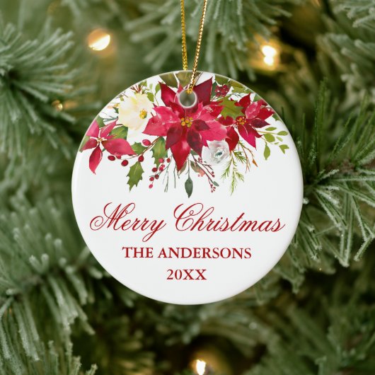 Waterverf Red Poinsettia Floral gepersonaliseerd Keramisch Ornament (Boom)