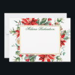 Waterverf Red Poinsettia Floral Gold Greenery Notitiekaartje<br><div class="desc">De Elegant Waterverf Poinsettia Floral Greenery Gold Lijst Personalized Note Card omvat rode poinsettias,  eucalyptusbladeren,  dennenaalden,  katoen,  holly berries en andere prachtige wintergroene groene groeven.  Groen script.</div>