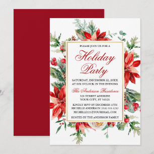 Waterverf Red Poinsettia Floral Holiday Party Kaart