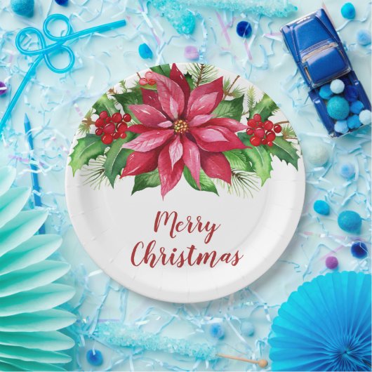 Waterverf Red Poinsettia Floral Kerstmis Papieren Bordje (Feest)