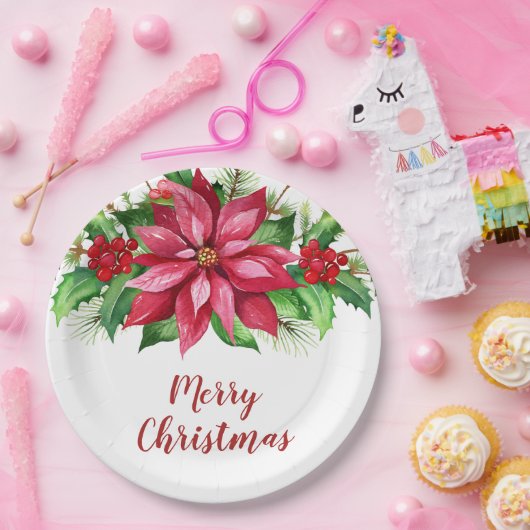Waterverf Red Poinsettia Floral Kerstmis Papieren Bordje (Feest)