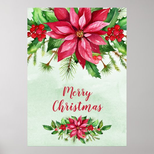 Waterverf Red Poinsettia Floral Kerstmis Poster (Voorkant)