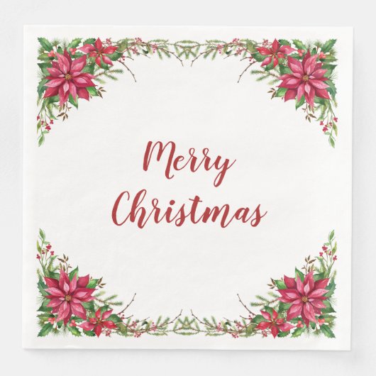 Waterverf Red Poinsettia Floral Kerstmis Servet (Voorkant)