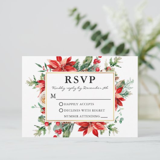 Waterverf Red Poinsettia Floral Wedding RSVP (Staand voorkant)