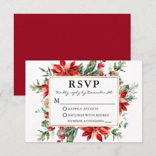 Waterverf Red Poinsettia Floral Wedding RSVP Kaartje (Voorkant / Achterkant)