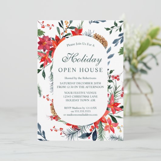 Waterverf Red Poinsettia Holiday Open House Kaart (Staand voorkant)