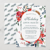Waterverf Red Poinsettia Holiday Open House Kaart (Voorkant / Achterkant)
