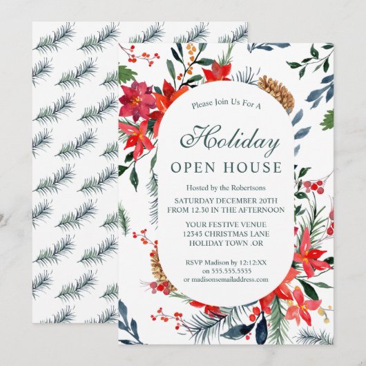 Waterverf Red Poinsettia Holiday Open House Kaart (Voorkant / Achterkant)