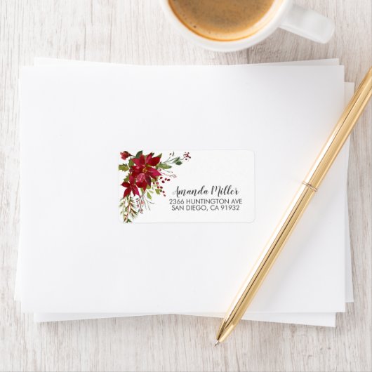 Waterverf Red Poinsettia Holly Return Address Etiket (Insitu)