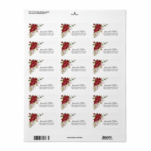 Waterverf Red Poinsettia Holly Return Address Etiket (Full Sheet)