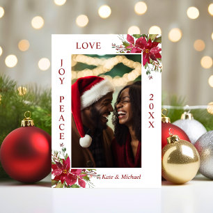 Waterverf Red Poinsettia JOY PEACE LOVE   FOTO Feestdagenkaart