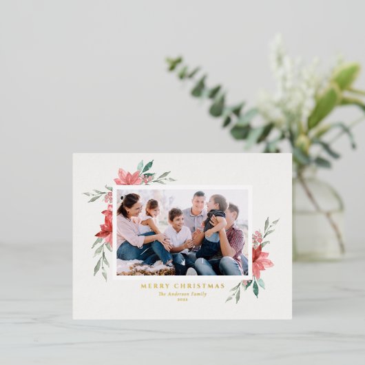  Waterverf Red Poinsettia kerstfoto Folie Feestdagen Briefkaart (Staand Voorkant)