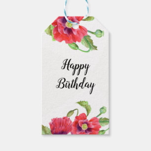 Waterverf Red Poppies Floral Art Happy Birthday Cadeaulabel