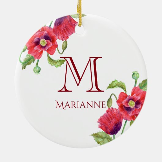 Waterverf Red Poppies Floral Art Monogram Keramisch Ornament (Achterkant)