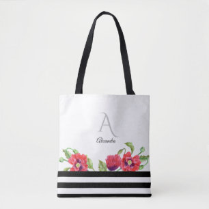 Waterverf Red Poppies Floral Art Monogram Tote Bag