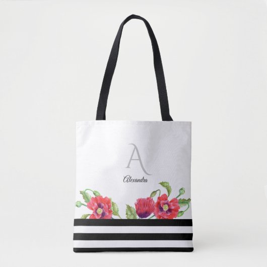 Waterverf Red Poppies Floral Art Monogram Tote Bag (Voorkant)