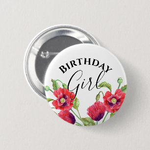 Waterverf Red Poppies Floral Birthday Girl Ronde Button 5,7 Cm