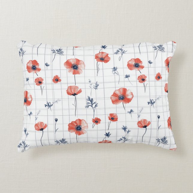 Waterverf Red Poppies Patroon op wit Accent Kussen (Voorkant)