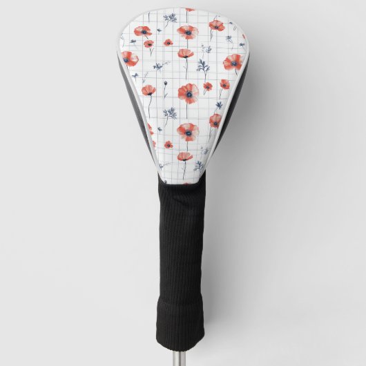 Waterverf Red Poppies Patroon op wit Golfheadcover (Voorkant)