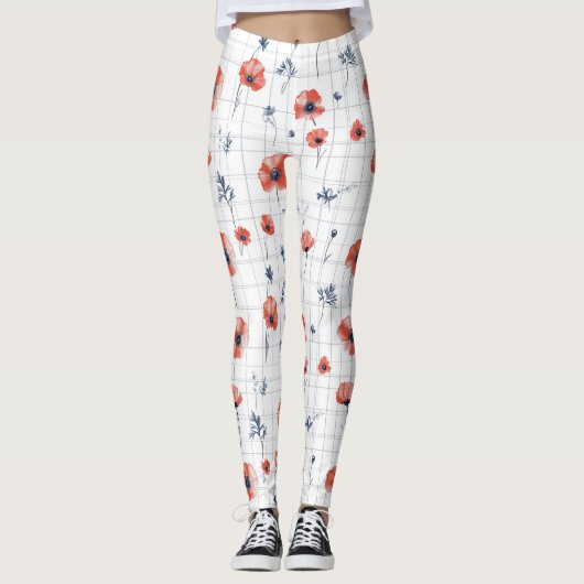 Waterverf Red Poppies Patroon op wit Leggings (Voorkant)