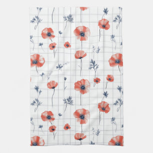 Waterverf Red Poppies Patroon op wit Theedoek