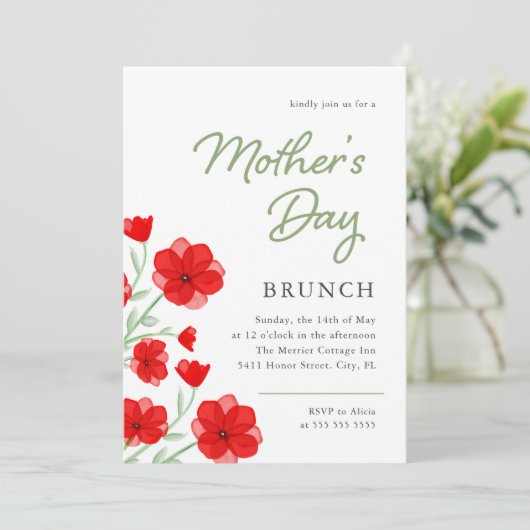 Waterverf Red Poppy Floral Moederdag Brunch Kaart (Staand voorkant)