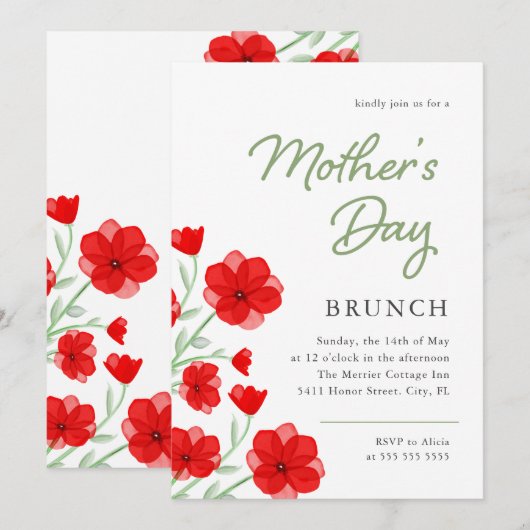 Waterverf Red Poppy Floral Moederdag Brunch Kaart (Voorkant / Achterkant)