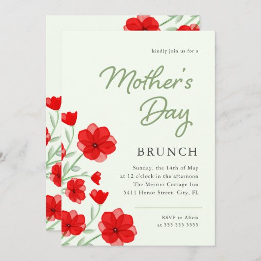 Waterverf Red Poppy Floral Moederdag Brunch Kaart (Voorkant / Achterkant)