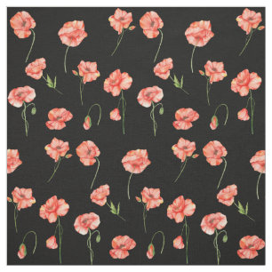 Waterverf Red Poppy Flowers Floral Black Stof