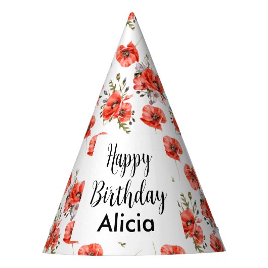 Waterverf Red Poppy Greenery 50e Verjaardag Feesthoedjes (Voorkant)