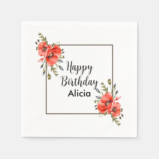 Waterverf Red Poppy Greenery 50e Verjaardag Servet (Voorkant)