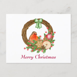 Waterverf Red Robin en Christmas Rustic Wreath Briefkaart