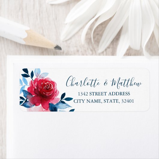 Waterverf Red Rose Bruiloft Retouradres Etiket (Insitu)