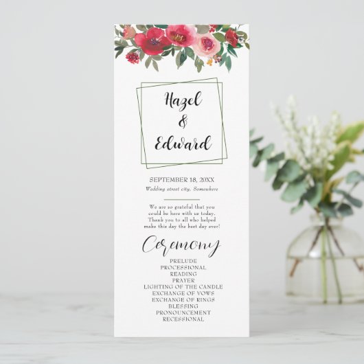 Waterverf Red Rose Floral bruiloft programma Programmakaart (Staand voorkant)