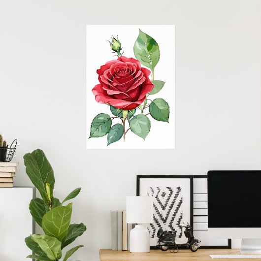 Waterverf Red Rose Modern Art Poster (Thuiskantoor)
