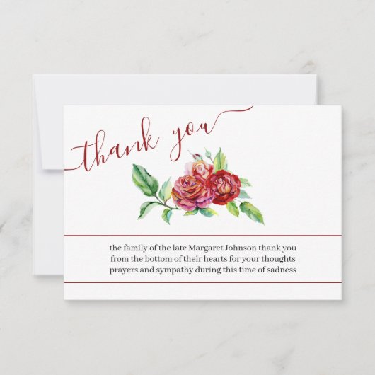 Waterverf Red Roses begrafenis Bedankkaart (Voorkant)